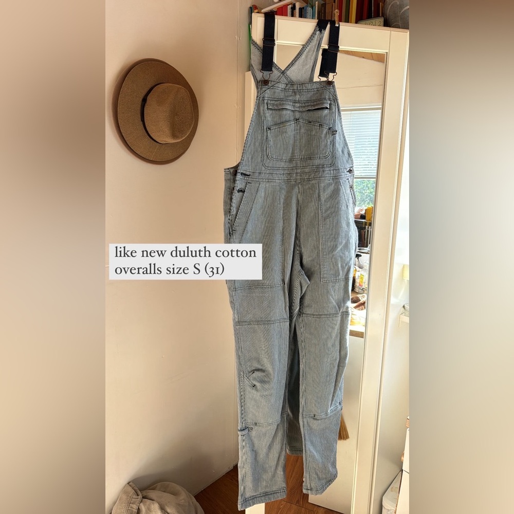 duluth cotton pin stripe overalls size S